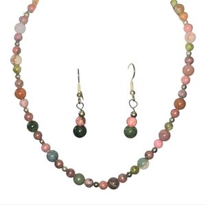 Vintage Unmarked Multicolored Natural Stone Beaded Necklace‎ & Earring Set 17.5"
